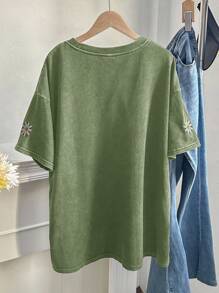 Comfortcana Áo thun thêu hoa thường ngày mùa hè cỡ lớn cho nữ - xanh quân đội - Xem 3