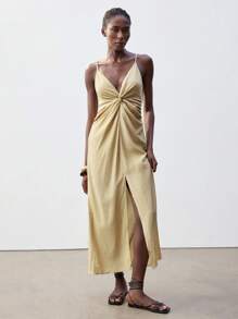 Maija 女式卡其色 V 领前扭纹肩带可调节春夏波西米亚休闲宽松连衣裙，双 V 型开衩设计，柔软舒适，百搭狂欢装，适合节日、热带假期、乡村音乐、伊比萨风格 - 杏色 - 查看 7