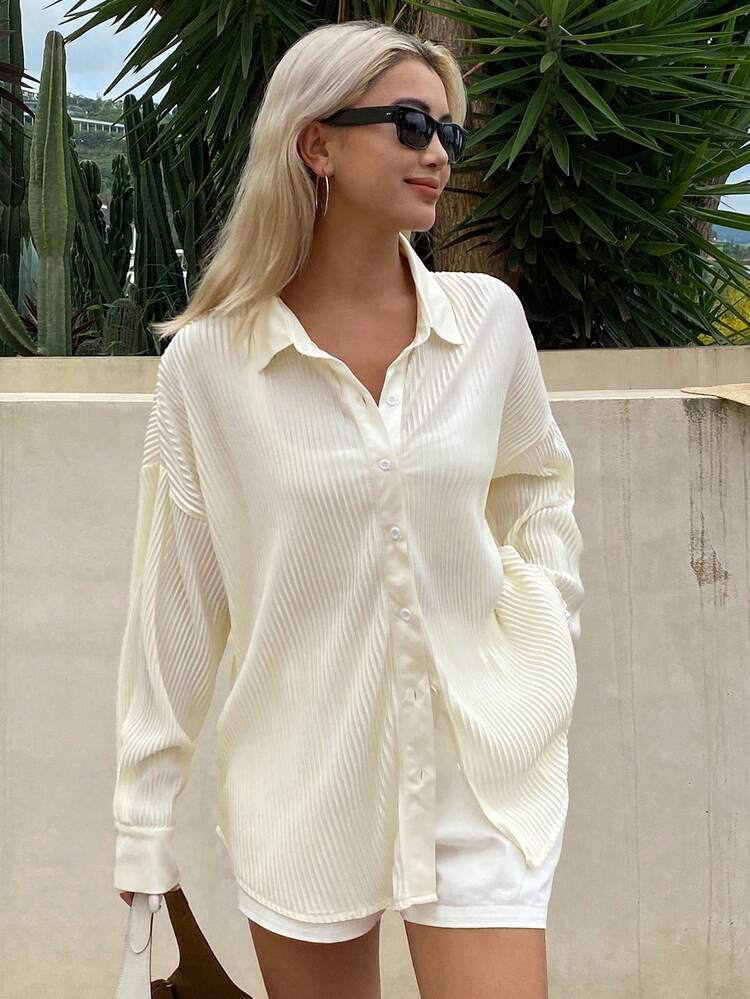 Women's Pleated Loose Casual Shirt, Beige Vacation Long Sleeve