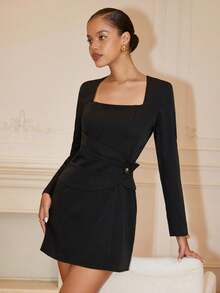 Chiquease فستان أنيق فرنسي للسيدات بأكمام طويلة منقوشة بكشكشة ولياقة رفيعة متوسط الطول، باللون الأسود ، للربيع / الخريف - الأسود - مشاهدة 1