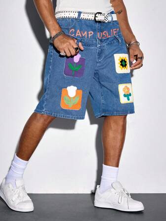 Street Life Herren gehäkelte Blumen Jeans Shorts mit Doppeltaille