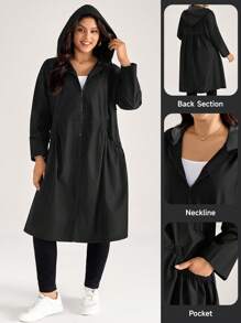 Comfylo 加大码时尚纯色军绿色连帽口袋设计中长款夹克秋季带口袋女式风衣外套冬装 - 黑色 - 查看 2