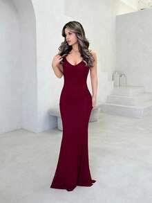 Jemour 情人节勃艮第浪漫约会派对细肩带紧身露背 V 领长款网眼女式连衣裙 - 酒紅色 - 查看 1