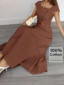 Siren Gaze Bộ 2 món áo crop top và chân váy trơn màu thanh lịch dành cho nữ mùa hè - Cà phê nâu - Xem 4