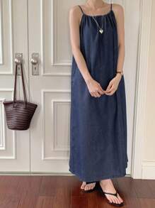 DAZY 女士夏季休闲无袖长款牛仔连衣裤 - 藍色 - 查看 5