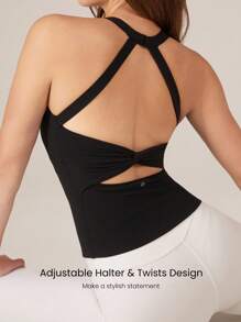 GLOWMODE FeatherFit™ Adjustable Halter Backless Twist Back Tank Top Low Impact Yoga Daily Removable Cups Fall Winter