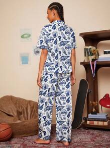 PEPSI X SHEIN 女式全身字母印花前扣短袖上衣和长裤睡衣套装 - 藍色 - 查看 2