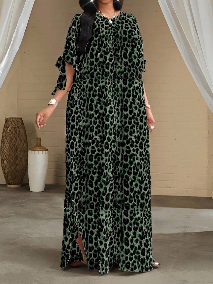 SHEIN Lady 2025 New Holiday Dress Plus Size Leopard Print Short Sleeve Women's Robe Loose Drape Holiday Bridal Shower Dress Beach Women's High Waist Slim Fit Maxi Dress Fall Clothes For Women - Green - View 1