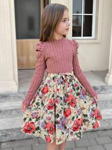 SHEIN Tween Girls Color Block Pink Floral Print Puff Sleeve Belted Dress - Pink - View 12