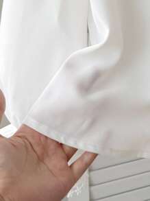 SHEIN Tween Girl Casual Elegant Fitted Stand Collar Lace Trim Button Front Puff Sleeve White Woven Blouse, Suitable For Back To School, Casual, Party And Multiple Occasions - White - View 5