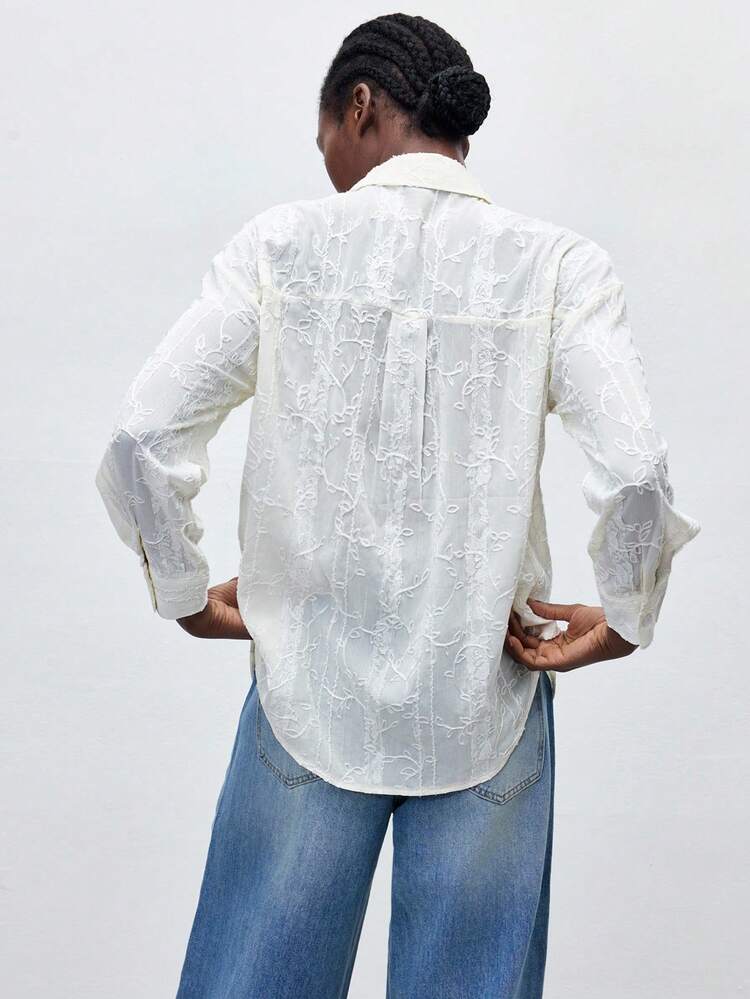 SHEIN Maija 2025 New Summer Fashion Ladies Shirt, Suitable For Music Festival, Graduation, Vacation, Beach, Holiday, Textured Floral Print, Collar Button Front Long Sleeve, Elegant For Daily, Business, Party, Casual & Versatile