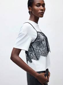 Maija 2025 年夏季新款黑色蕾丝吊带背心，合身无袖上衣，百搭可拆卸肩带，黑白撞色，时尚休闲都市优雅浪漫商务休闲办公室派对海滩音乐节婚礼宾客早午餐街头装机场返校秋季时尚 Y2K - 黑與白 - 查看 5