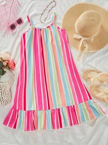 SHEIN Tween Girls Summer Casual Vacation Rainbow Striped Print Ruffled Hem Cami Dress - Multicolor - View 2