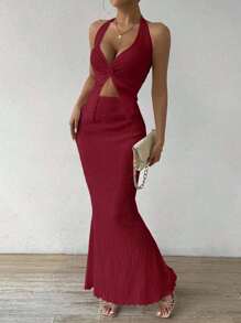 Islaluna Women's Solid Color Twist Front Sleeveless Crop Top With Mermaid Hem Bodycon 2 Pieces Set