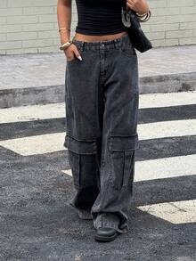 Muchica Quần ống rộng dáng rộng có túi hộp thường ngày dành cho nữ, đa năng - màu đen - Xem 3