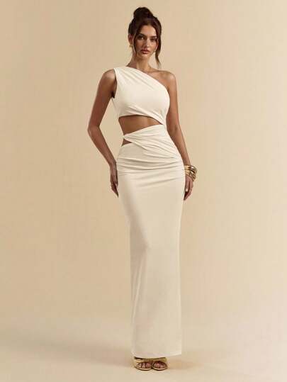SHEIN BAE White Asymmetrical Neck Shirred Fitted Body-Con High Slit White Dress, Beach Holiday White Dress, Bohemian Dress, Spring/Summer,Fall Wedding Guest Dress,Elegant Dresses For Women