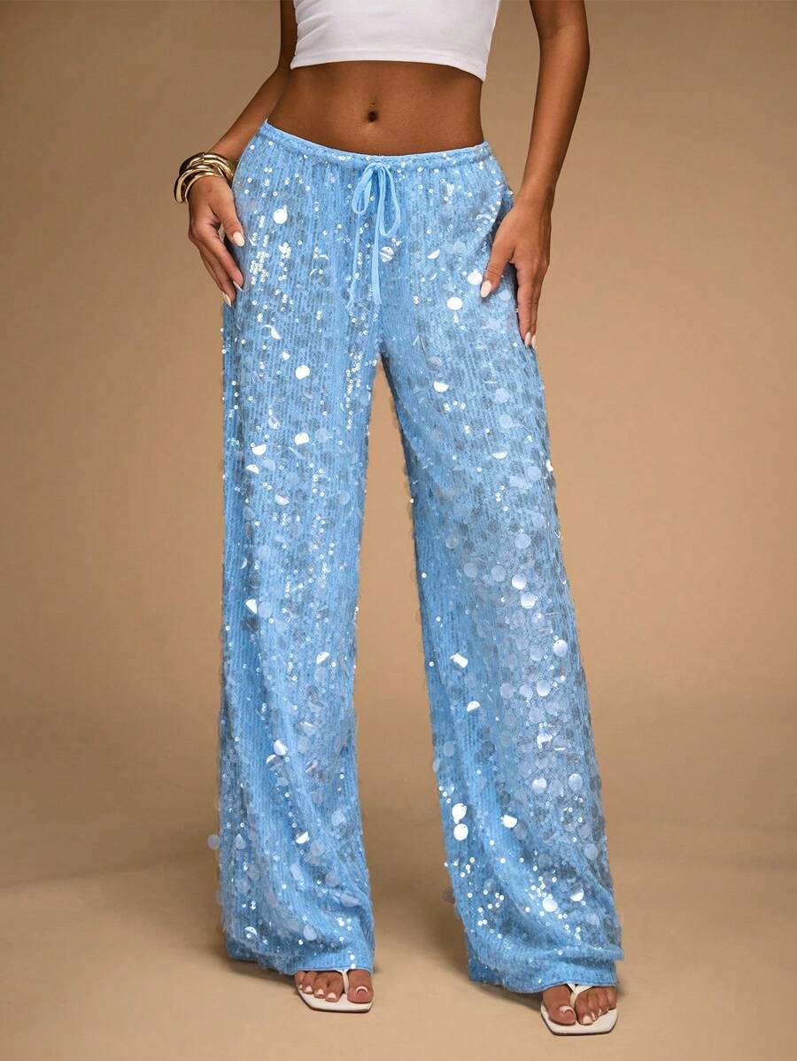 SHEIN BAE Quần ống rộng đính sequin cạp trễ dành cho nữ, thích hợp cho kỳ nghỉ ở bãi biển, mùa hè - Màu xanh nhạt - Xem 1
