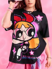 THE POWERPUFF GIRLS X SHEIN 大码女式休闲可爱花朵图案落肩宽松黑色T恤，夏季 - 黑色 - 查看 1