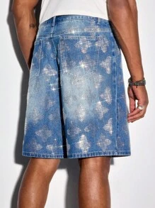 ROMWE MEN Street Life Quần short denim đính đá thời trang mùa hè cho nam - Màu xanh lam - Xem 3