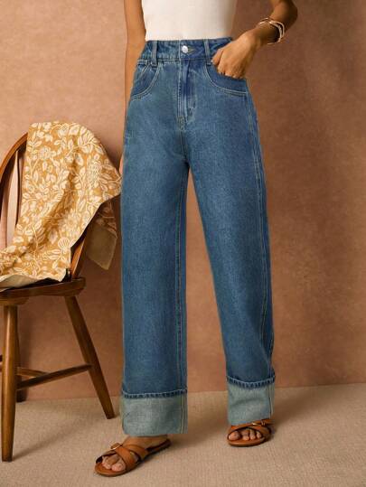 Poéselle 女式休闲水洗高腰直筒牛仔裤