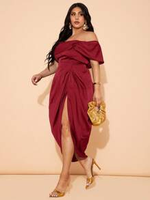 SHEIN CURVE+ Vestido elegante drapeado de comprimento médio plus size para mulheres, adequado para casamento, madrinha, coquetel, ocasião formal