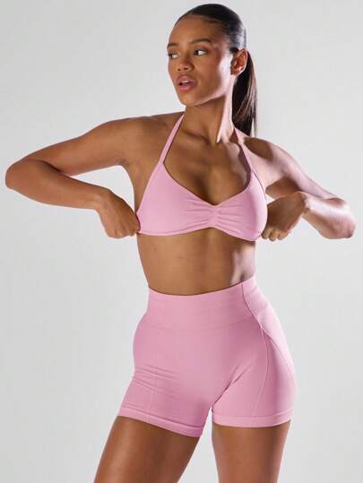 Ra Sport Solid Ruched Bust Open Back Halter Sports Bra, Active Comfy Workout Gym Running Run Clubpadel, Tennis, Pickleball Fitness