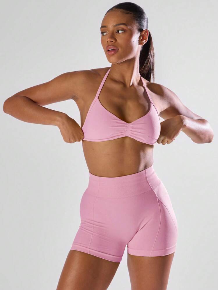 Musera Sport Solid Ruched Bust Open Back Halter Sports Bra, Active