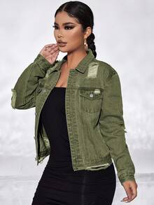 SHEIN SXY Vintage Casual Washed Ripped Denim Jacket - Olive Green - View 3