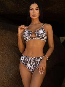 Carolina Barros Conjunto de bikini de cintura alta con estampado de piel de serpiente y anillos, ideal para la playa de verano - Multicolor - Ver 4