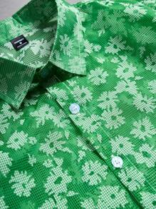 Manfinity Hypemode 男士休闲度假风格全花卉印花短袖衬衫，夏季 - 綠色 - 查看 4