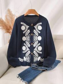 CosyJoli Plus Size Casual Embroidered Round Neck Sweater Cardigan In Fall/Winter - Navy Blue - View 1