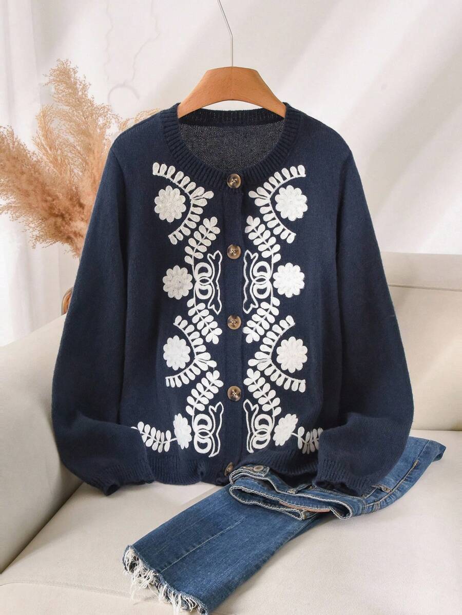 CosyJoli Plus Size Casual Embroidered Round Neck Sweater Cardigan In Fall/Winter - Navy Blue - View 1