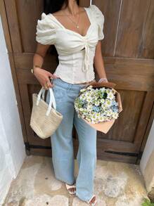 Sunnyshic 女士休闲衬衫，褶皱面料，褶皱设计，正面系蝴蝶结 - 杏色 - 查看 4