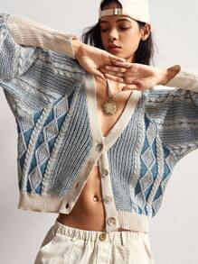Bohemela 女士几何图案灯笼袖单排扣休闲针织开衫，秋冬季上学上衣 - 藍色 - 查看 7