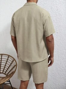Manfinity Homme 男士休闲咖啡色衬衫和短裤套装，简约时尚夏季男士套装男士衬衫套装男士度假男士衬衫套装男士夏季套装男士衬衫套装，舒适套装 - 杏色 - 查看 2