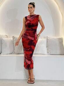 Lavishia 红色抽象印花无袖紧身腰连衣裙，适合夏季 - 彩色 - 查看 3