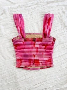 Soleia 女士度假春假女士花卉印花方领度假背心派对、夜间外出上衣、返校节扎染上衣海滩上衣夏季上衣节日上衣海滩俱乐部 - 彩色 - 查看 2