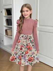 SHEIN Tween Girls Color Block Pink Floral Print Puff Sleeve Belted Dress - Pink - View 3