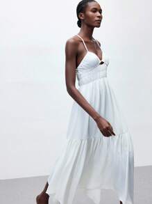 Maija 2025 Summer White Tropical Vacation Holiday Dress,Elasticated Waist Ruffled Asymmetric Tie Bow,Elegant Office Lady Wedding Guest Party Beach Dress - Champagne - View 5