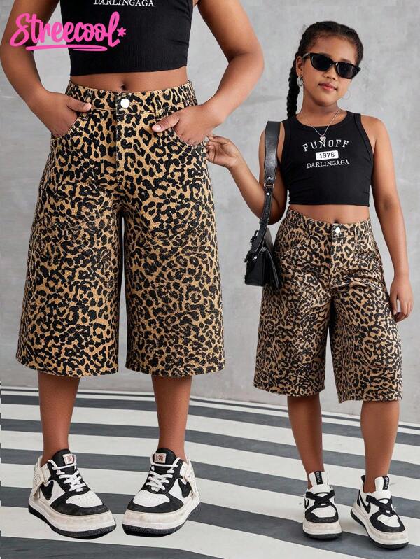 SHEIN Streecool Kids Pantaloni Capri casual lejeri cu croi drept pentru fete, cu imprimeu leopard american vintage, de vară