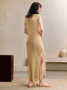 Arave Women's Fashionable Casual Loose Striped Midi Dress,Vacation Outfits Women,Vacation Dresses,Crochet Dress,Women Cover Up,Boho Dress Women,Hawaii Outfits Women,Beach Dresses For Women,Beach Vacation Outfits,Fairycore,Classy Outfits For Women,Beach Dresses For Women Knitted Sweater - Green - View 4