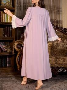 PalaceNights 2pcs Women's Floral Embroidery Splice Satin Long Sleeve Robe And Long Nightgown Pajama Set, Fall Winter Clothes - Purple - View 2