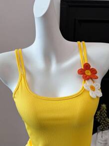 Chiquease 2pcs/Set Vacation Style Floral Decor Camisole Top And Printed Mini Skirt Outfit Clothes For University - Yellow - View 3