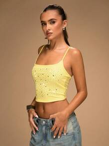 SHEIN BAE Camiseta corta casual de mujer con decoración de rhinestones - Amarillo - Ver 6