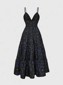 ROMWE Goth Retro Moon & Plant Print Spaghetti Strap Long Dress