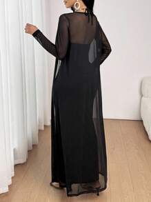 SHEIN Lady All Seasons Black Suit Long Sleeve Robe & V-Neck Dress Elegant 2 Pieces Set Elegant 2 Piece Set Mesh Two Piece Set 2 Piece Dress Set