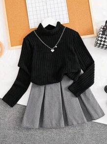 Tween 女童休闲基础款校园/通勤长袖羊毛罗纹 T 恤 + 条纹迷你裙 2 件套服装，秋冬秋季 - 黑色 - 查看 1