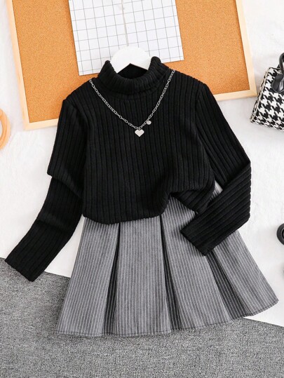 Tween 女童休闲基础款校园/通勤长袖羊毛罗纹 T 恤 + 条纹迷你裙 2 件套服装，秋冬秋季