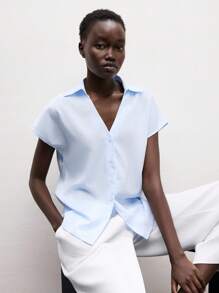 Lumivelle Elegant Blue And White Striped V-Neck Short-Sleeved Women's Summer Shirt - Blue - View 6