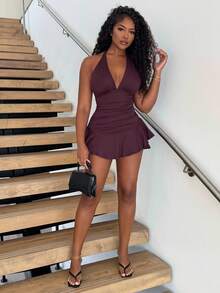 Alexandranx Xù Xù Hoa Sen Không lưng Halter Neck Romper - màu nâu - Xem 6